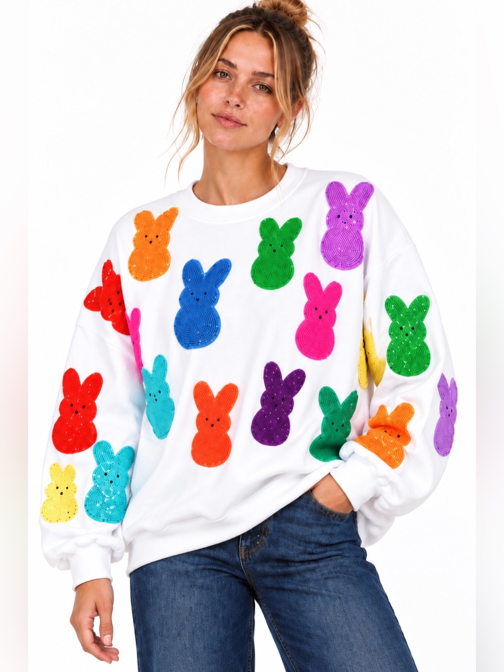 Queen of Sparkles Rainbow Sequin Bunny Sweatshirt XXL NWOT